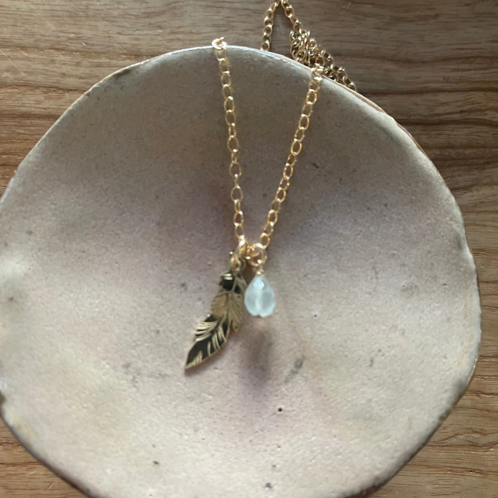 Brass Feather Charm Necklace with Moss Agate