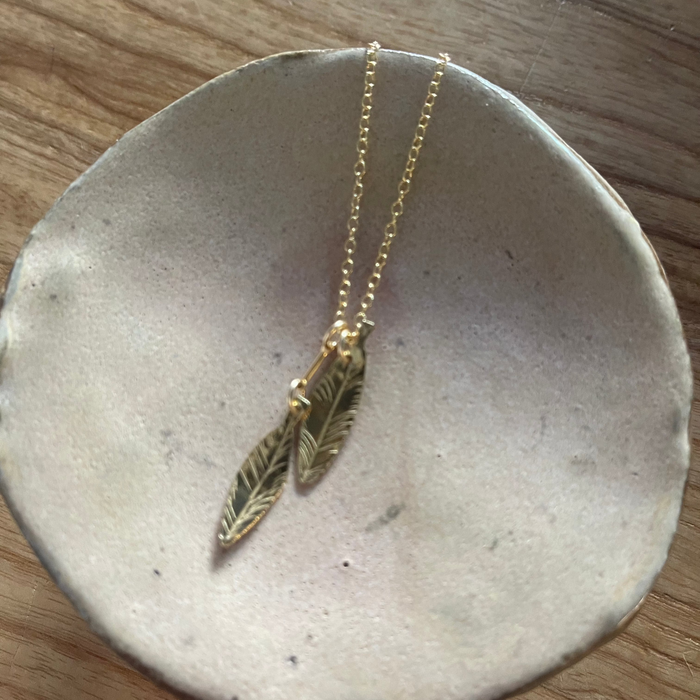 Double Brass Feathers on Dainty Chain Necklace