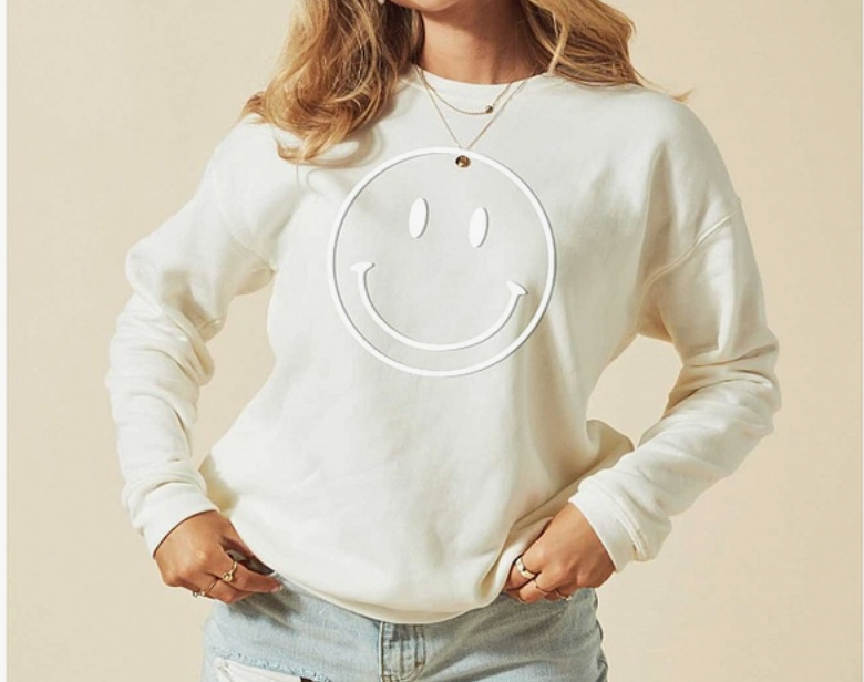 Smiley Face Tonal Puff Print Sweatshirt in Vintage White