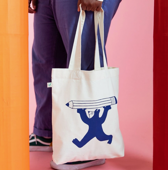 Pencil Person Tote Bag in Navy on Natural