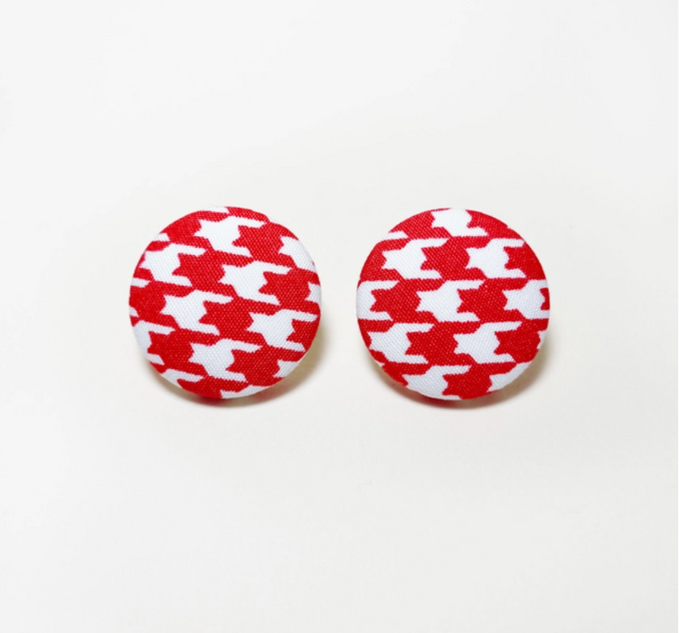 Red Houndstooth Fabric-Covered Stud Earrings