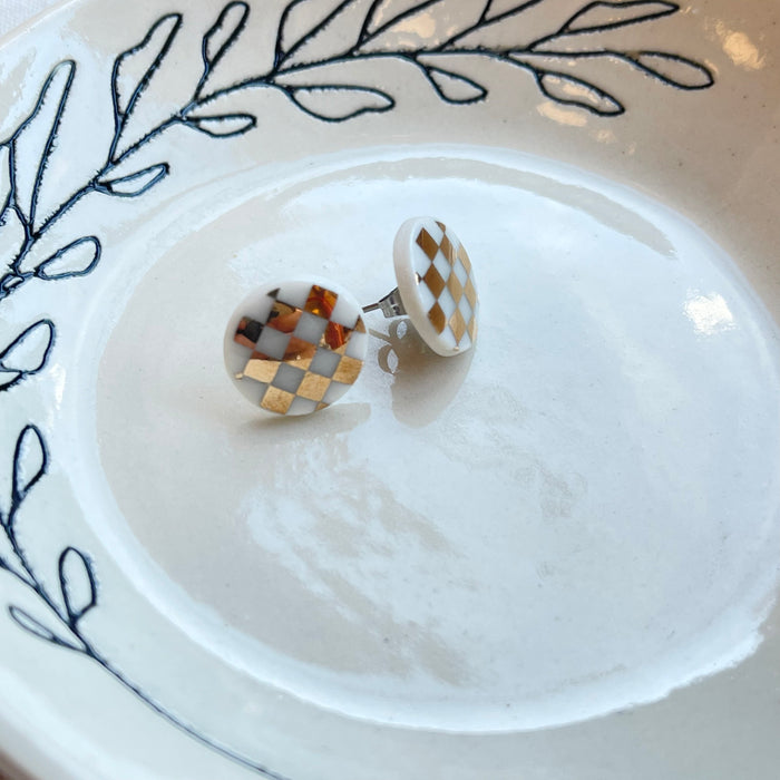 Porcelain Ceramic Checkerboard Stud Earrings